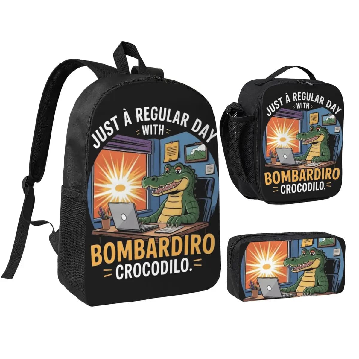 3pecs/set Just A Regular Day Bombardiro Crocodilo Backpack Italian Brainrot Laptop Computer Canvas Bags Lunch bag Pencil Case