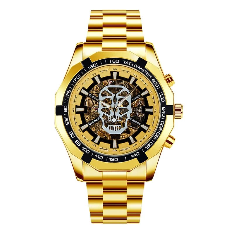Automatic mechanical watch, gold automatic mechanical watch with fashionable skeleton design, business wristwatch with popular skull
