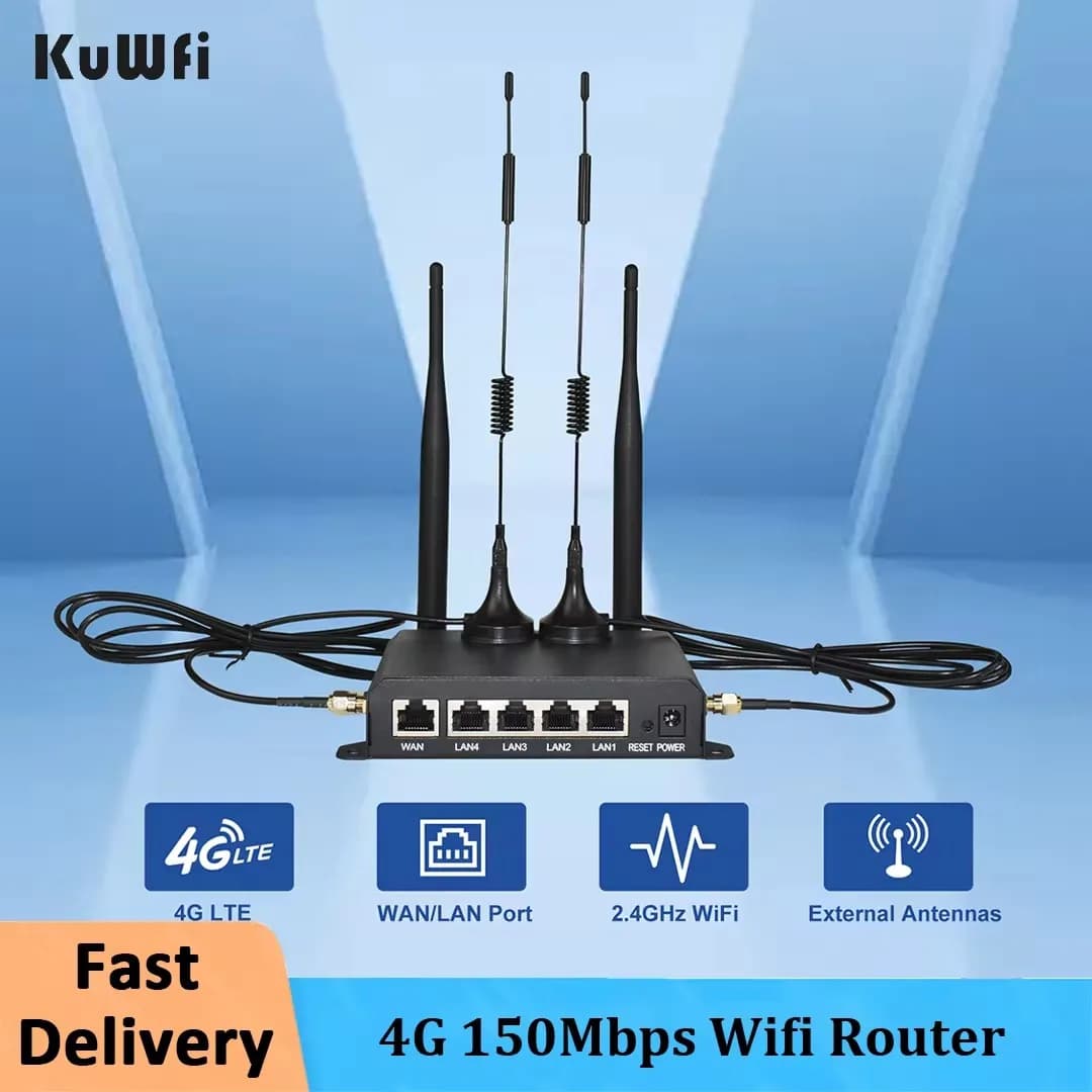 Router WiFi KuWFi 4G LTE 2.4G CAT4 300Mbps Porta RJ45 Supporto VPN DDNS Funzione firewall Antenna esterna 4 pezzi montata a parete