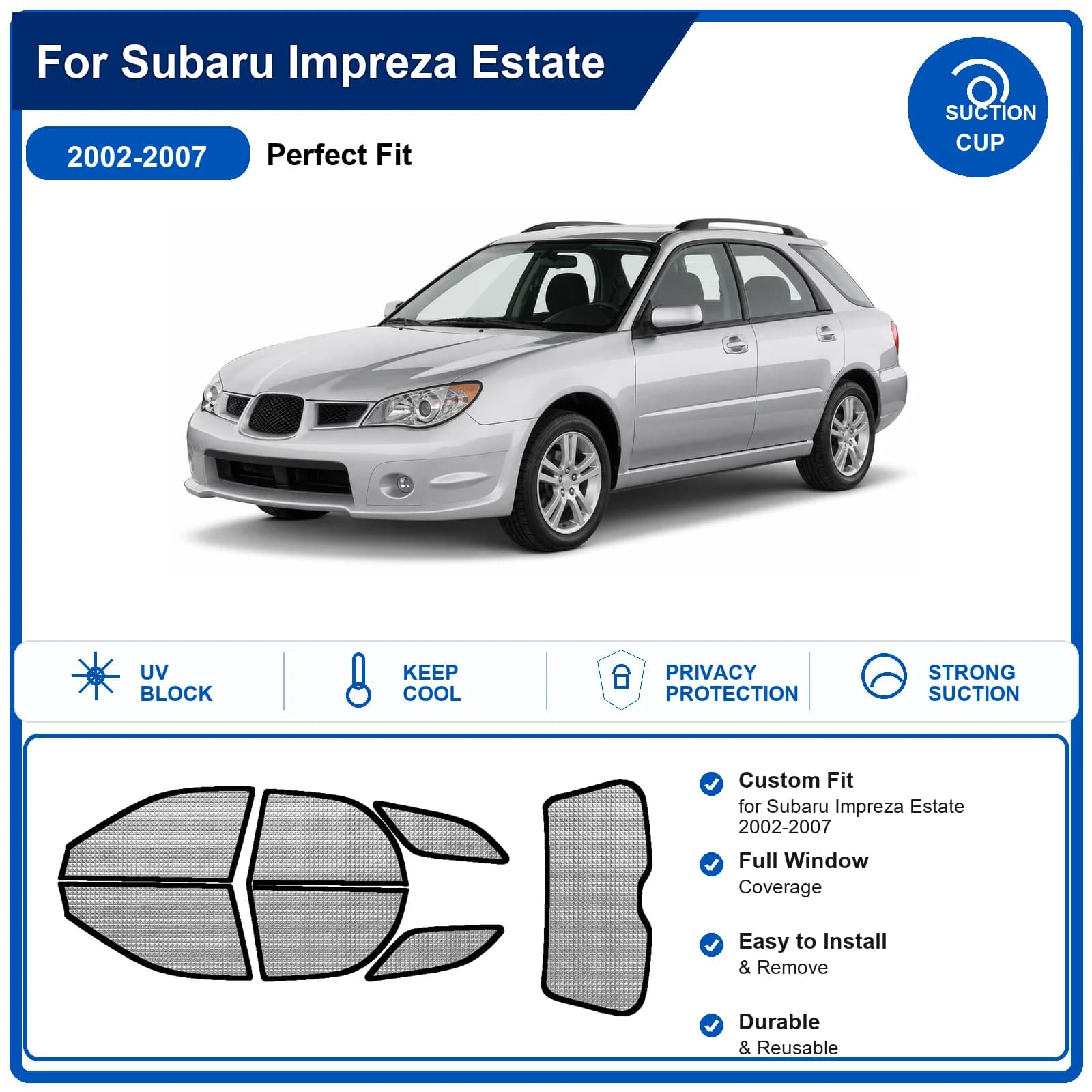 For Subaru Impreza Estate 2002-2007 Custom Full Set Windshield Sun Shade Aluminum Foil Heat Insulation Anti UV Foldable