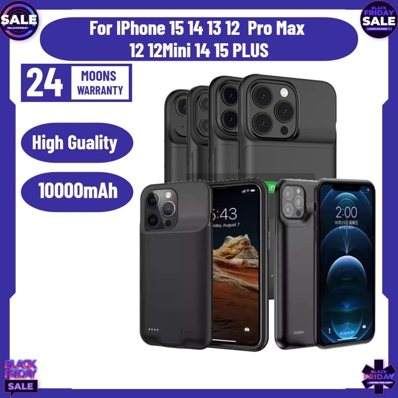 Custodia Batteria da 10000mAh per iPhone 15 14 13 12 Pro Max 12 Mini 14 15 PLUS - Power Bank Portatile Smart con Funzione di Ricarica
