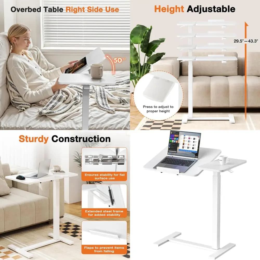 Scrivania per laptop con rotelle ad altezza regolabile con piano inclinabile, supporto per computer portatile per casa e ufficio, bianco