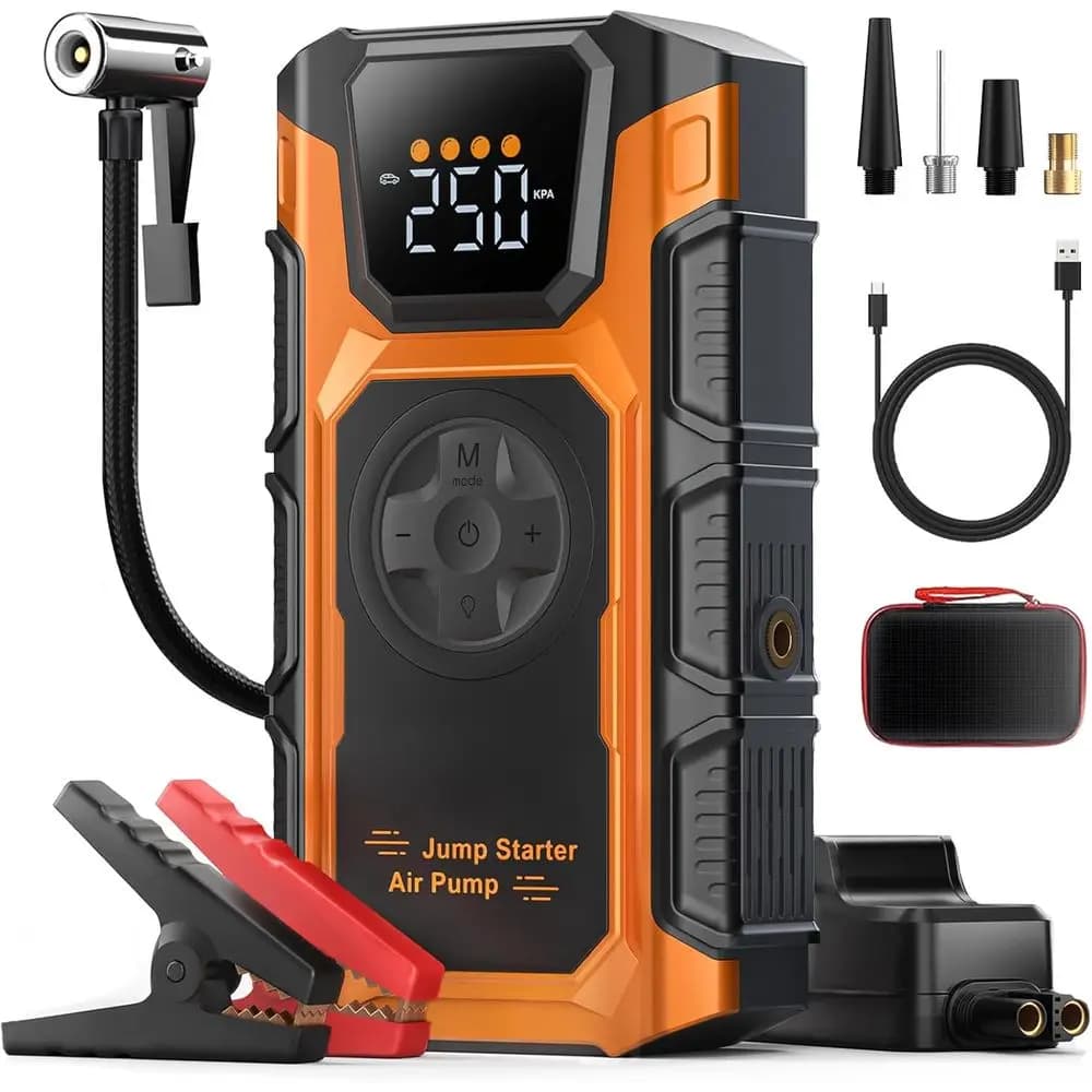 Avviatore di Emergenza Portatile 5500A con Compressore d'Aria, Avviatore per Auto 12V per Motori a Benzina e Diesel, Gonfiatore Pneumatici 150 PSI