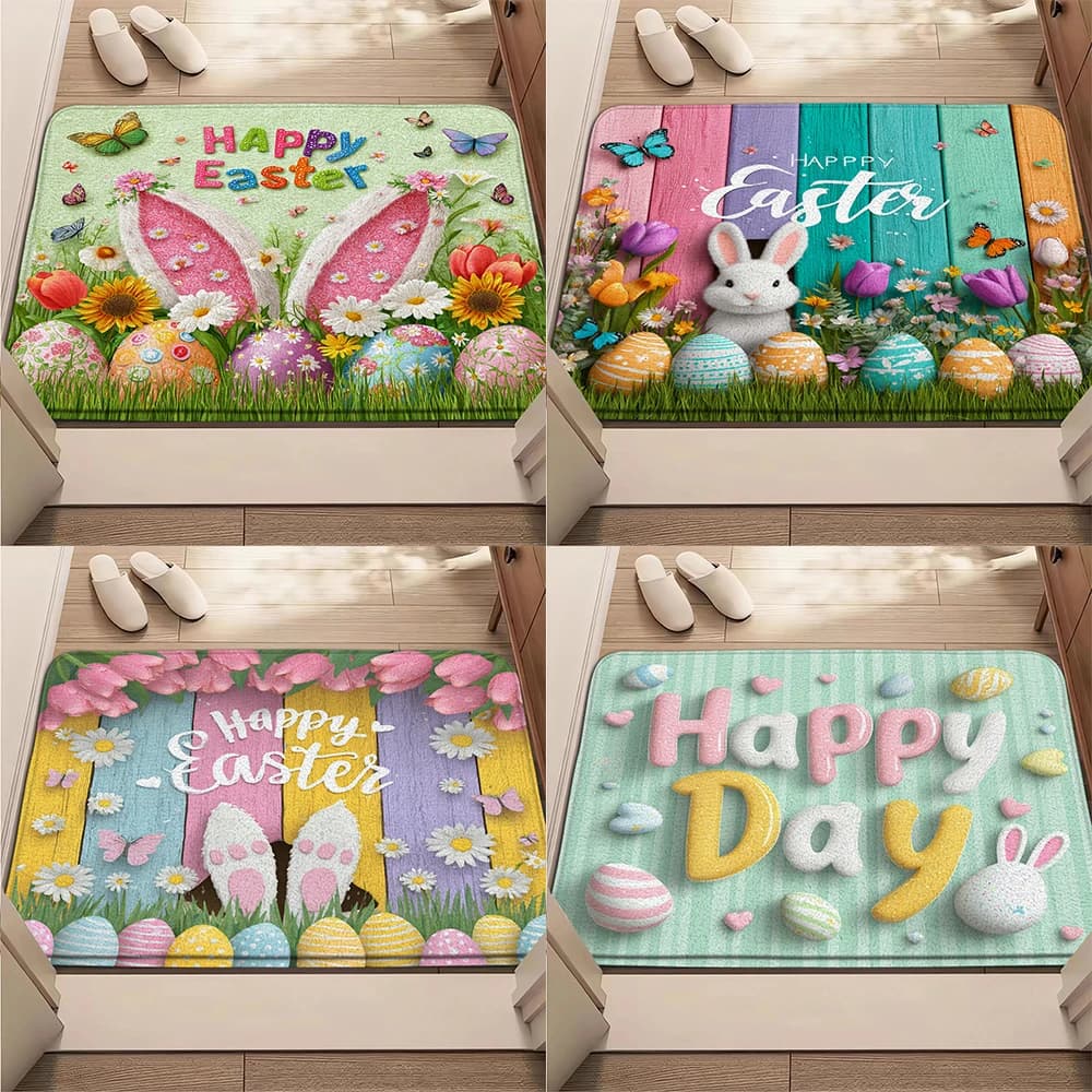 Tappetino per porta con stampa Happy Easter, decorazione in flanella, tappetino per porta, tappetino assorbente, piccolo tappetino lavabile in lavatrice, decorazione