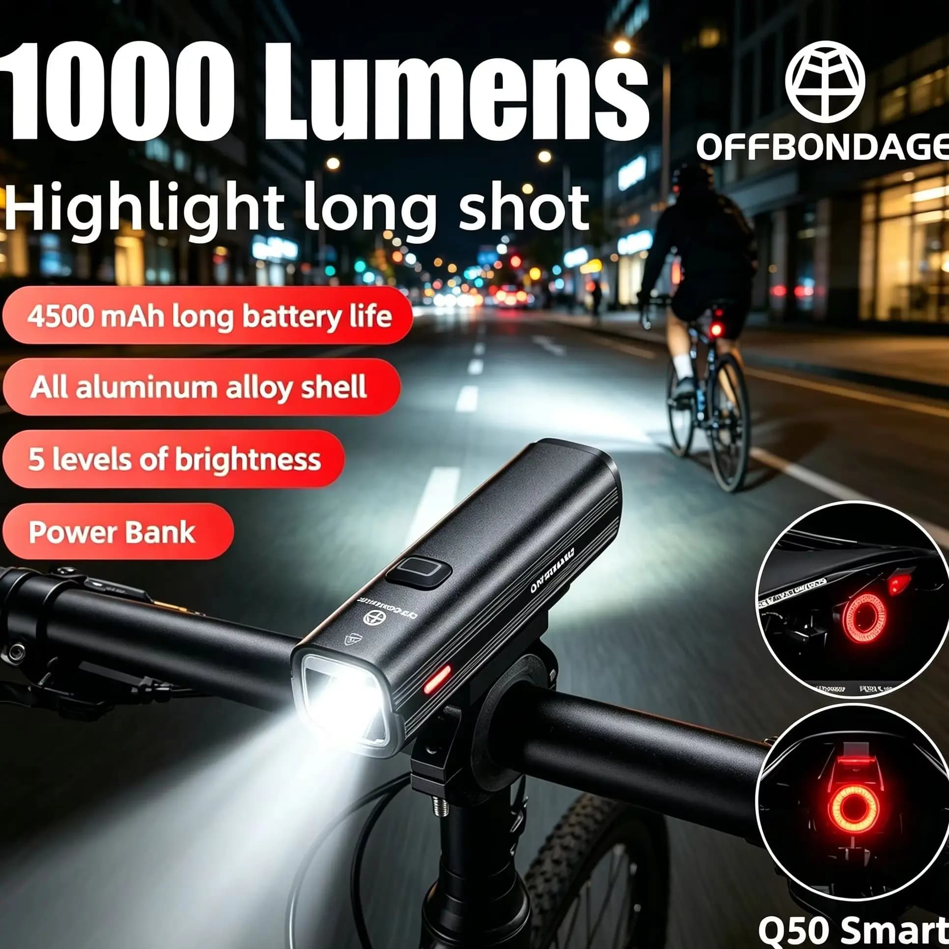 OffBONDAGE-Faro per bicicletta, luce per bici, torcia, ricarica USB, MTB, illuminazione stradale, luce per accessori bici da 1000 lumen