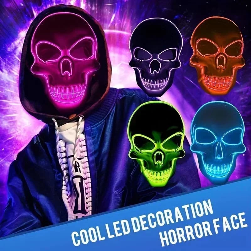 Maschera in plastica con testa di fantasma, teschio, luce LED, maschera scheletro luminosa a LED EL fluorescente a freddo per scherzi, feste e mascherate