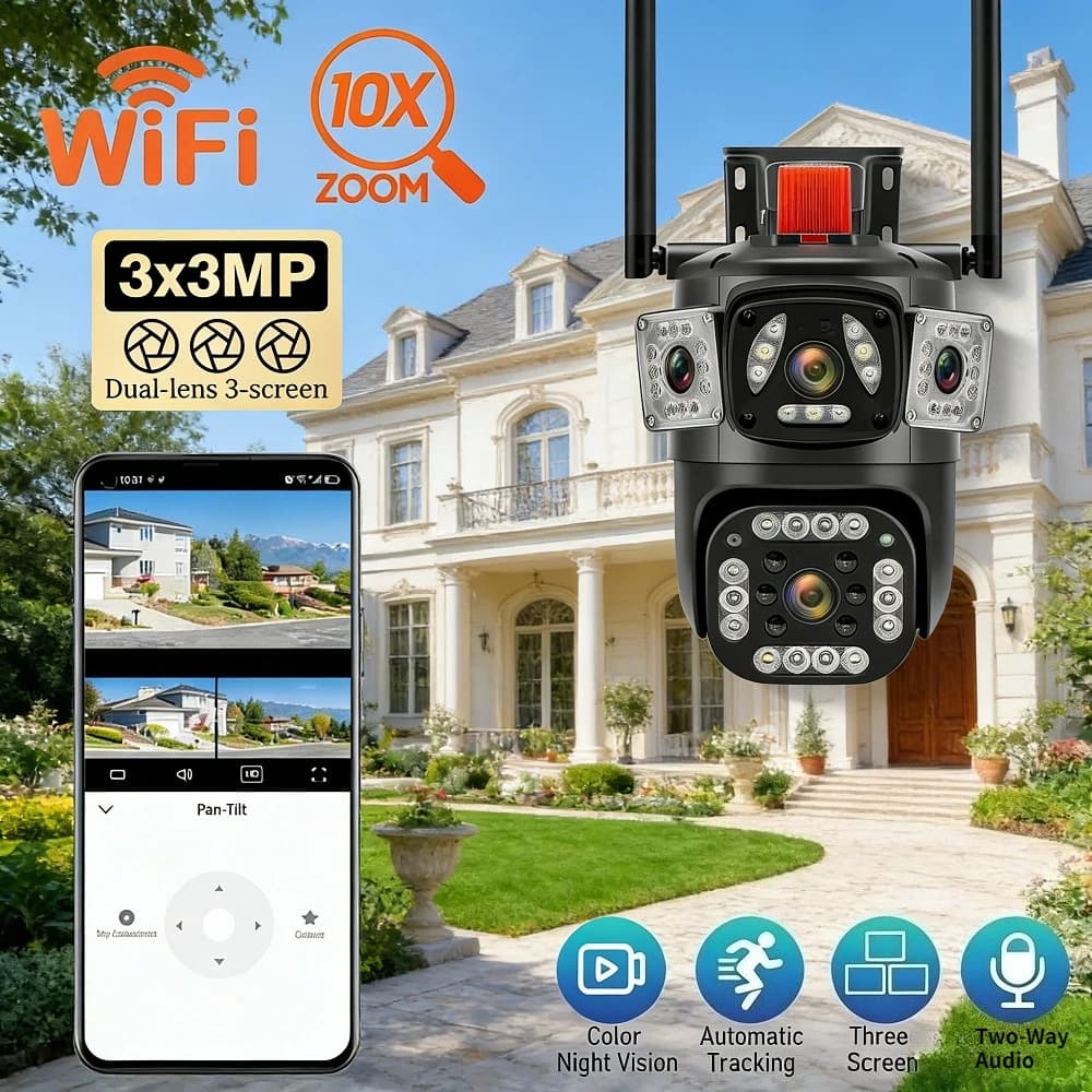 Telecamera di Sicurezza WiFi a Doppia Lente con 3 Schermi, App V380, 2MP+2MP+2MP, Audio Bidirezionale, Visione Notturna a Colori, Rilevamento Umano PTZ, Impermeabile
