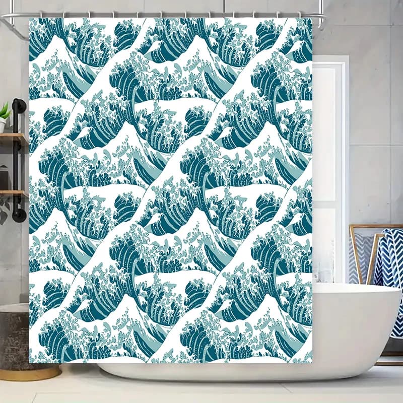 Tenda da doccia unica blu bianca con onde oceaniche per l'arredamento del bagno, copertura per tappetino da bagno in tessuto impermeabile stampato con set di anelli (180x245c