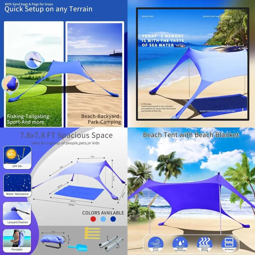 Royal Blue 77 beach tent with UV protection UPF50+, 2-pole outdoor shed for camping, fishing and picnic