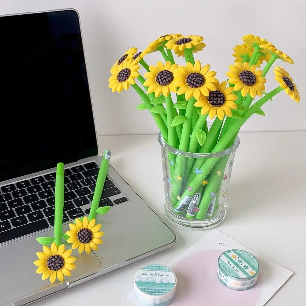 Durable Silicone Sunflower Gel Pen 3D Flower Desktop Ornament Neutral Pen Signature Pen Students & Stationery Gifts