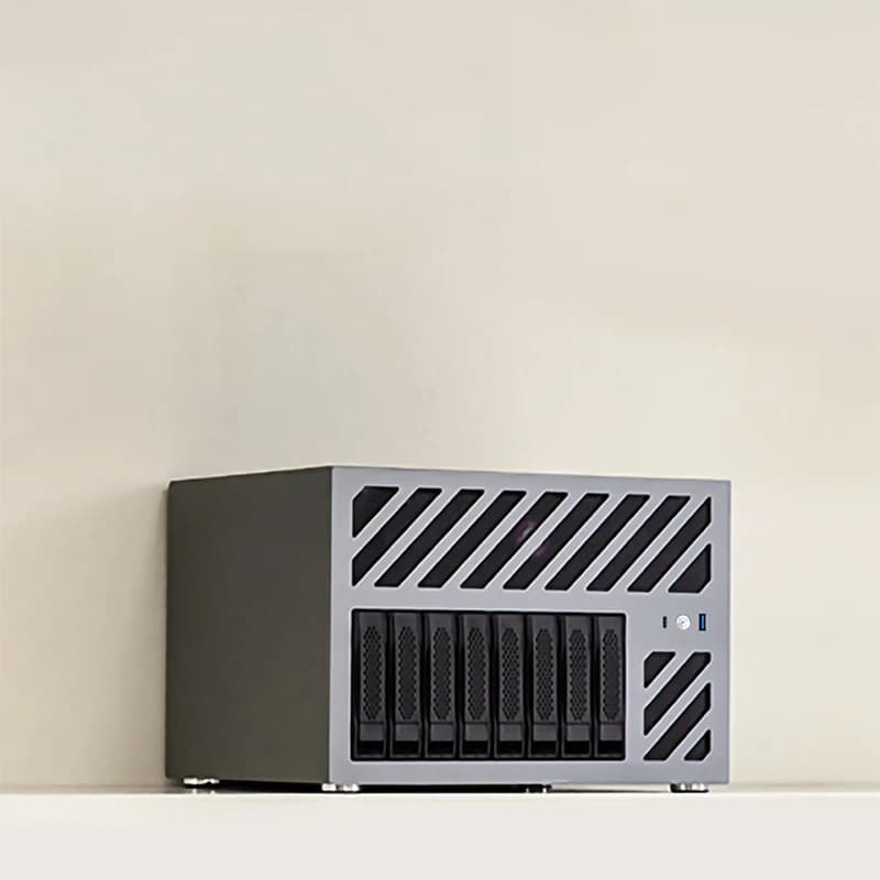 Chassis NAS con 8 Alloggiamenti per Dischi, Pannello in Alluminio e Scheda Madre ATX, Chassis per Server di Archiviazione Domestica Compatibile con Alimentatori SFX