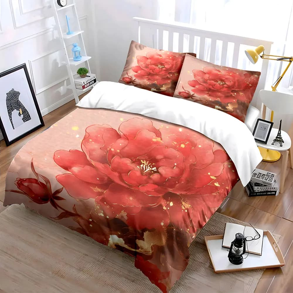 Set di biancheria da letto Golden Peony, copripiumino con stampa di peonie rosa acquerello con accenti in lamina d'oro + 2 federe, elegante decorazione floreale