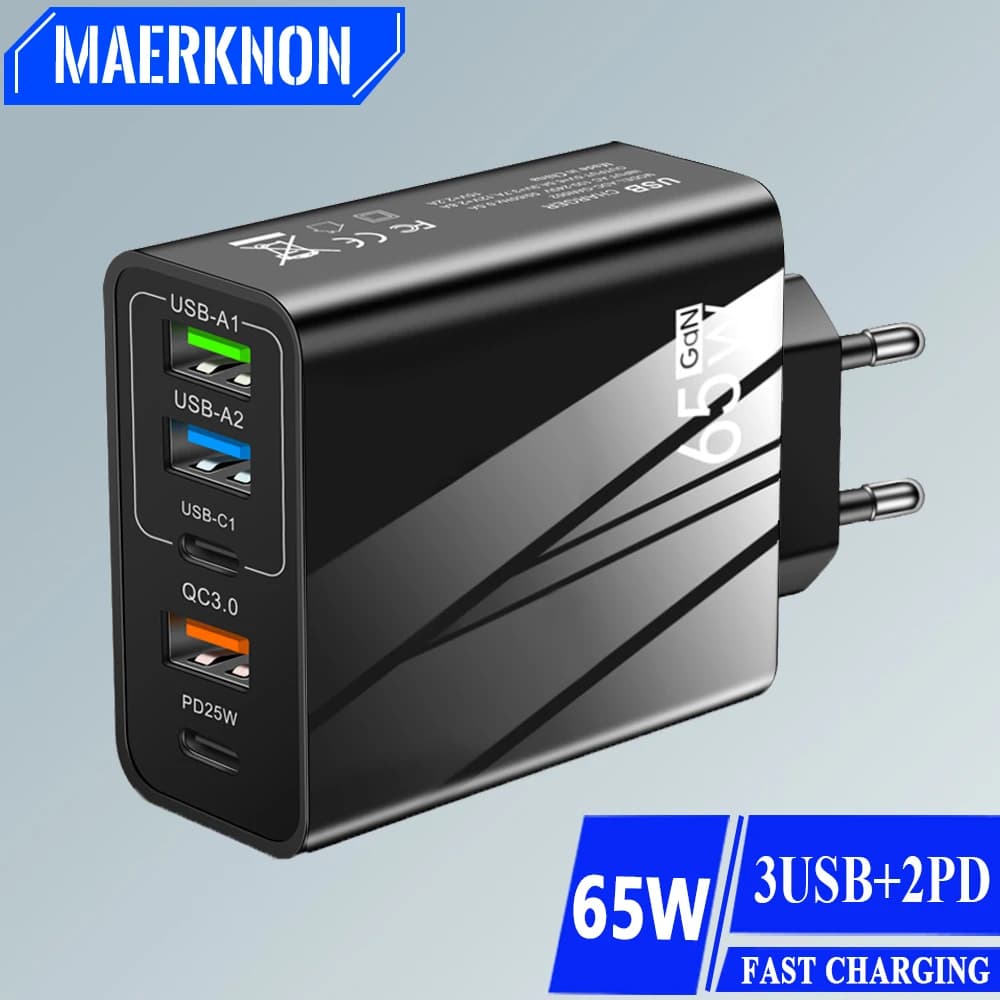 65W GaN Charger USB C Fast High Speed Charging Quick Phone Wall Adapter For iPhone 15 pro max Samsung S23 Huawei 60 Xiaomi 13 14