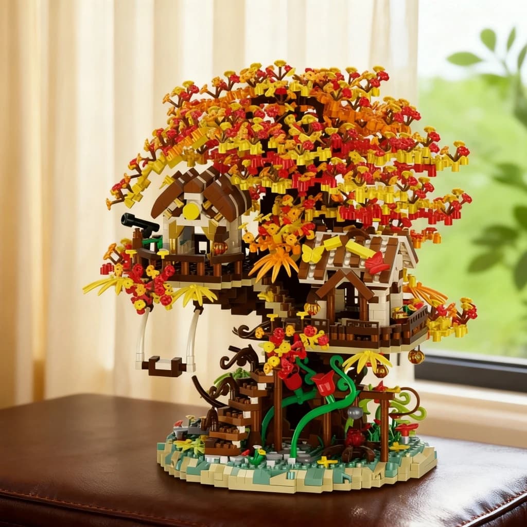Autumn Maple Tree House Micro Building Blocks, Forest Double Tree Hut Model, Desktop Decor Collectible Ornament