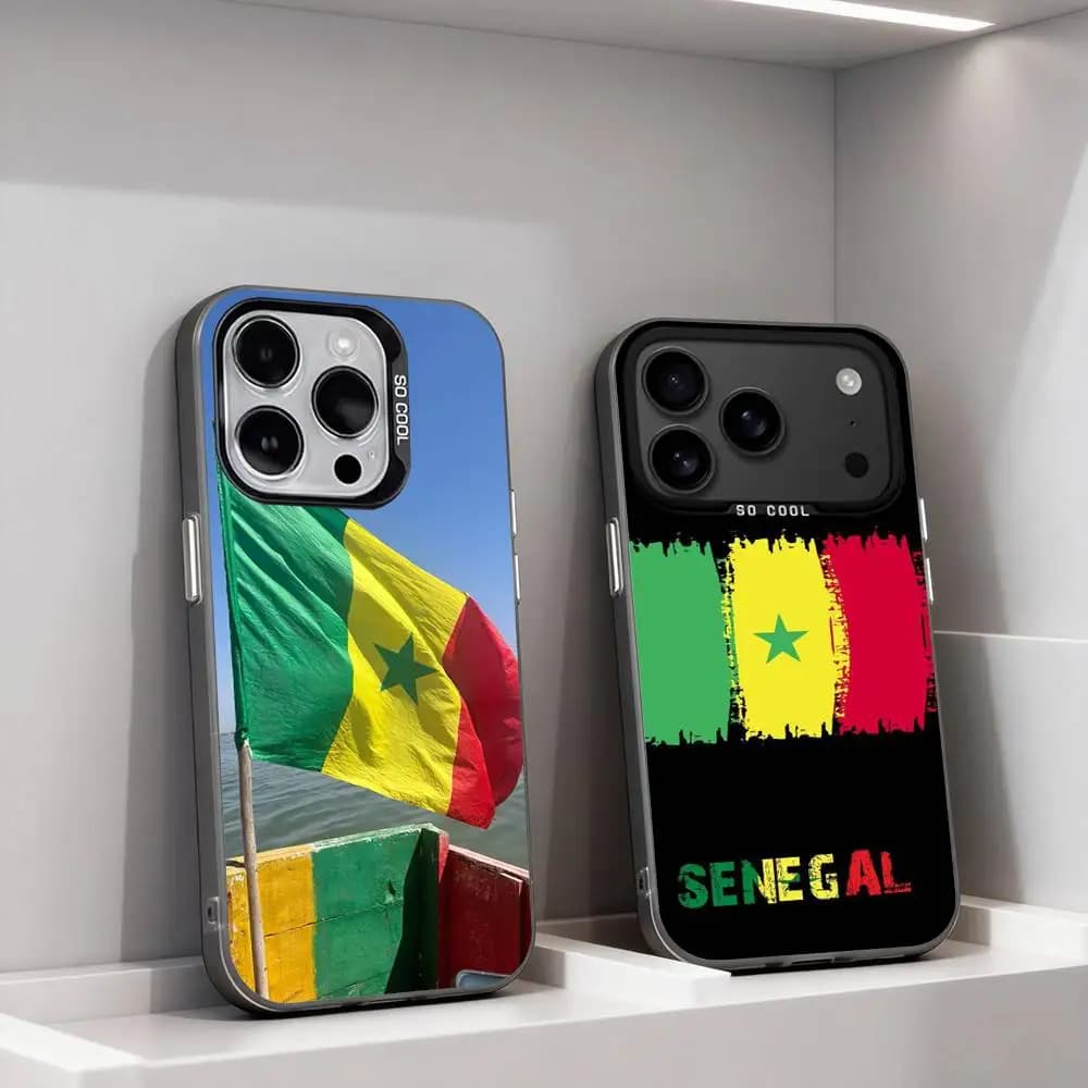Custodia Protettiva Antiurto Nera Opaca con Bandiera e Mappa del Senegal per iPhone 17,16,15,14,13,12,11,Pro,Max,Plus,E,Air,Mini