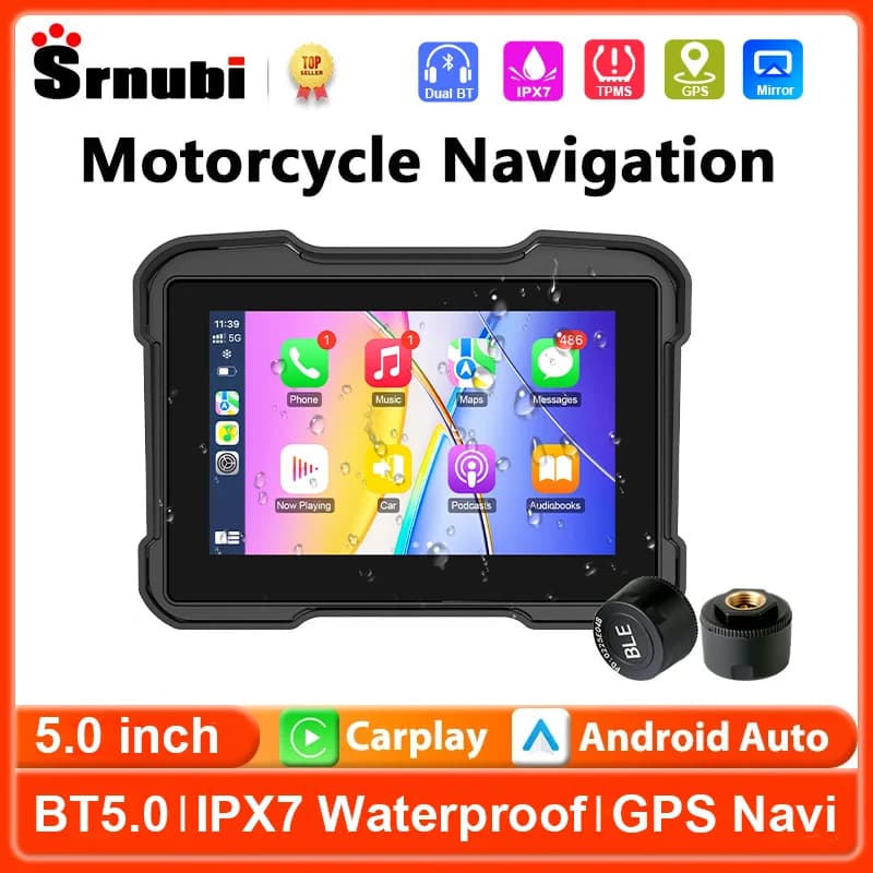 Portable 5" Motorcycle GPS Navigation Wireless Carplay Android Auto IPX7 Waterproof BT Moto Monitor Touch Screen Support TPMS