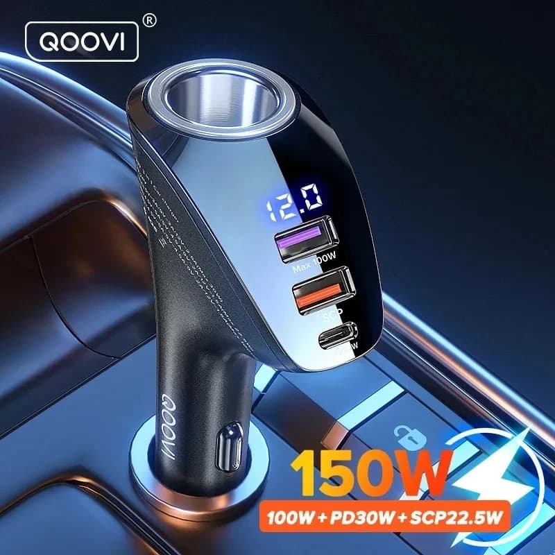 QOOVI 150W 4-Ports Car Charger USB Type C Super Fast Charging PD 4.0 Cigarette Lighter Socket For iPhone Xiaomi Samsung Huawei