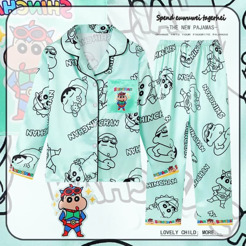 Pigiama per bambini Crayon Shin-Chan, modello estivo sottile in seta ghiaccio, per ragazzi e ragazze, maniche lunghe, pantaloni lunghi, completo comodo per la casa, nuovo.