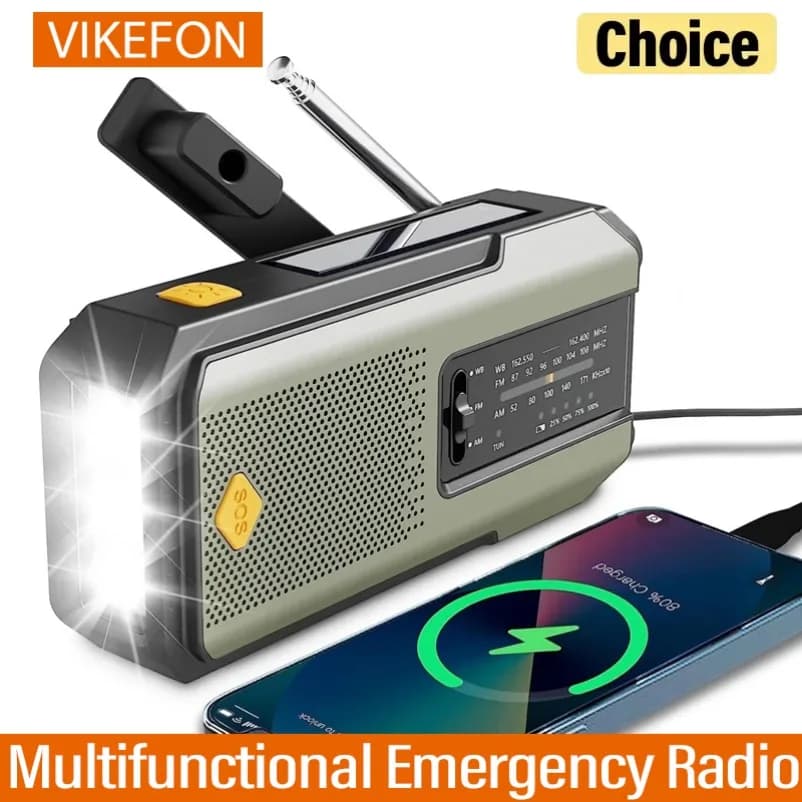 Radio Meteo di Emergenza Multifunzione FM AM WB con Manovella Solare Ricarica USB Power Bank 2000mAh Torcia LED