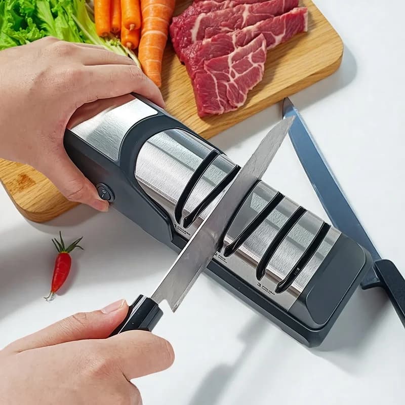 Affilacoltelli elettrici professionali Hiamea per coltelli da cucina con abrasivi diamantati e guide angolari di precisione