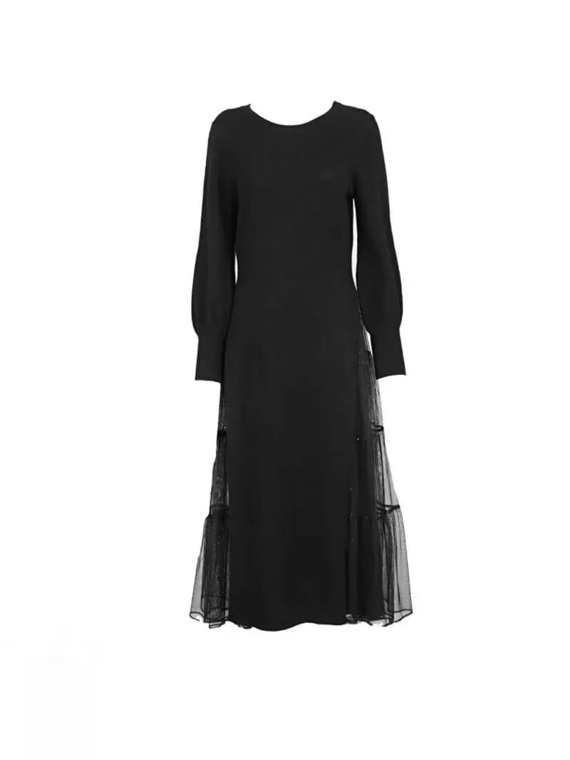 SD Spring 2026 Women's Mid-Length Knitted Wool Dress Elegant Slimming Black A-Line Skirt Casual Warm Long Sleeve round Neck