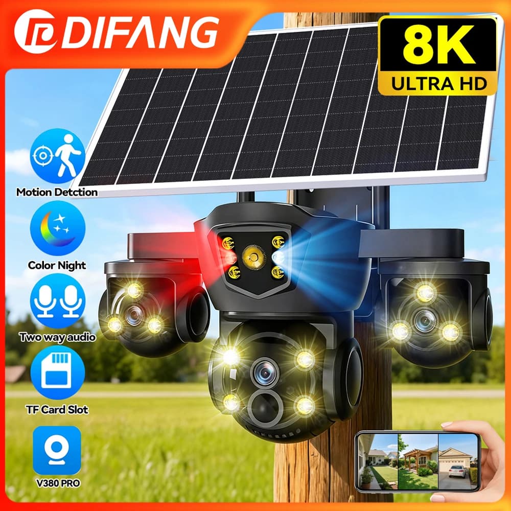 V380 Pro Nuova Telecamera Solare WIFI 20MP con Zoom 10X, 3 Lenti, 3 Schermi, Telecamere di Sicurezza Wireless per Esterni con Tracciamento Automatico e Visione Notturna CCTV