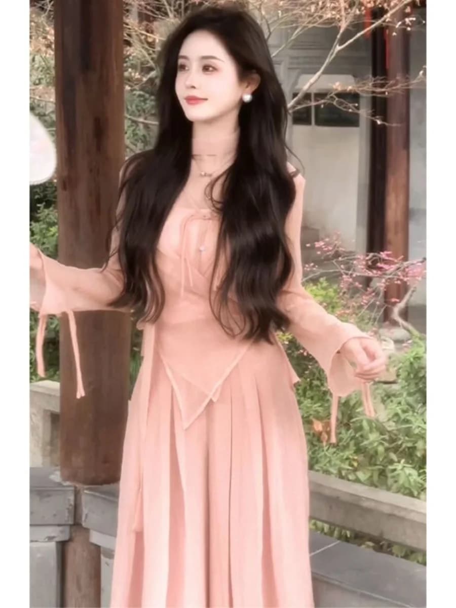 Elegant Pink Super Fairy Tale Set Women's Spring Autumn New Style National Style Asymmetric Belted Top High Waist Loose Pants...