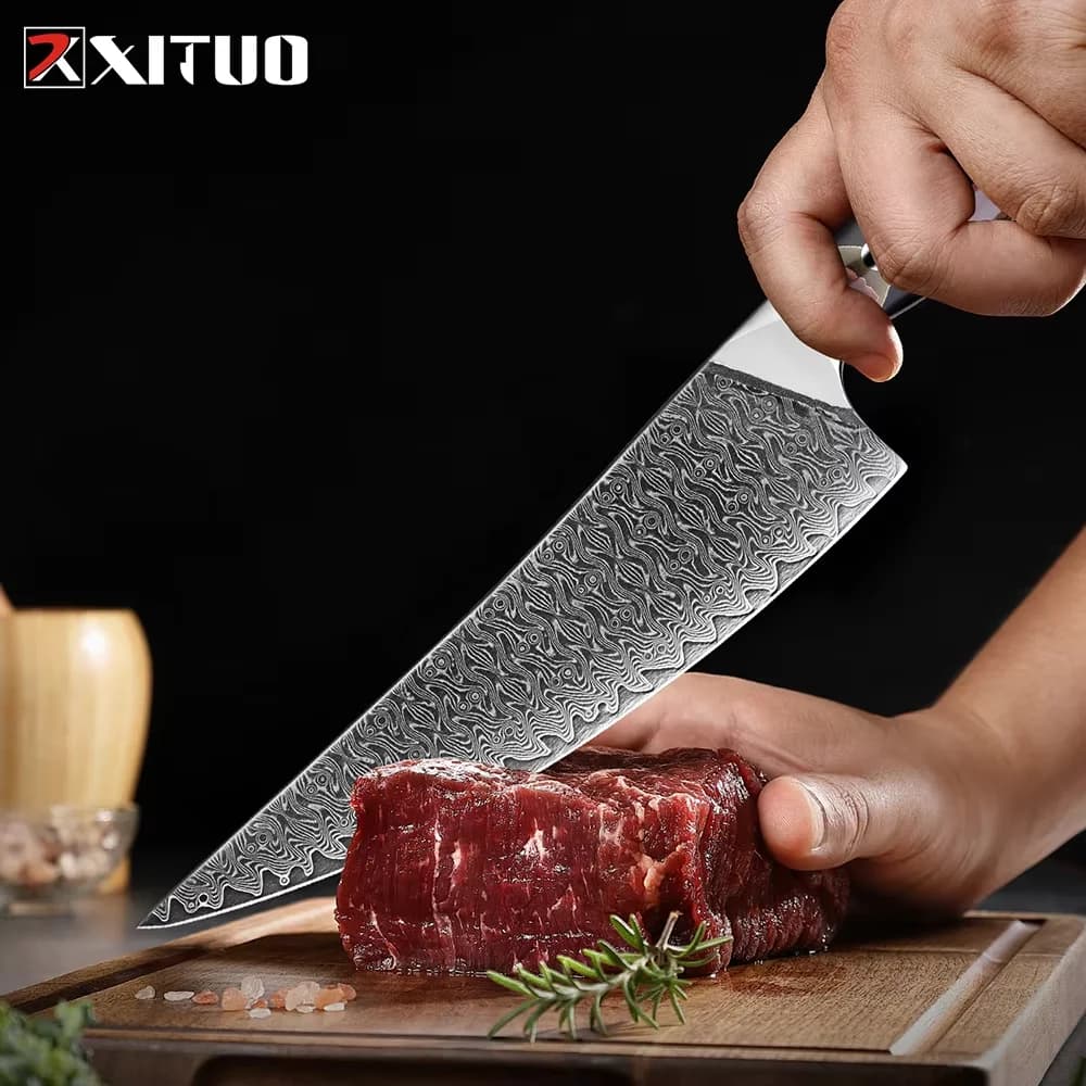 Coltello da macellaio professionale Coltello da mannaia in acciaio di Damasco da 8 pollici Coltello da cucina affilato per chef Affettatrice Manico in resina di rame e platino