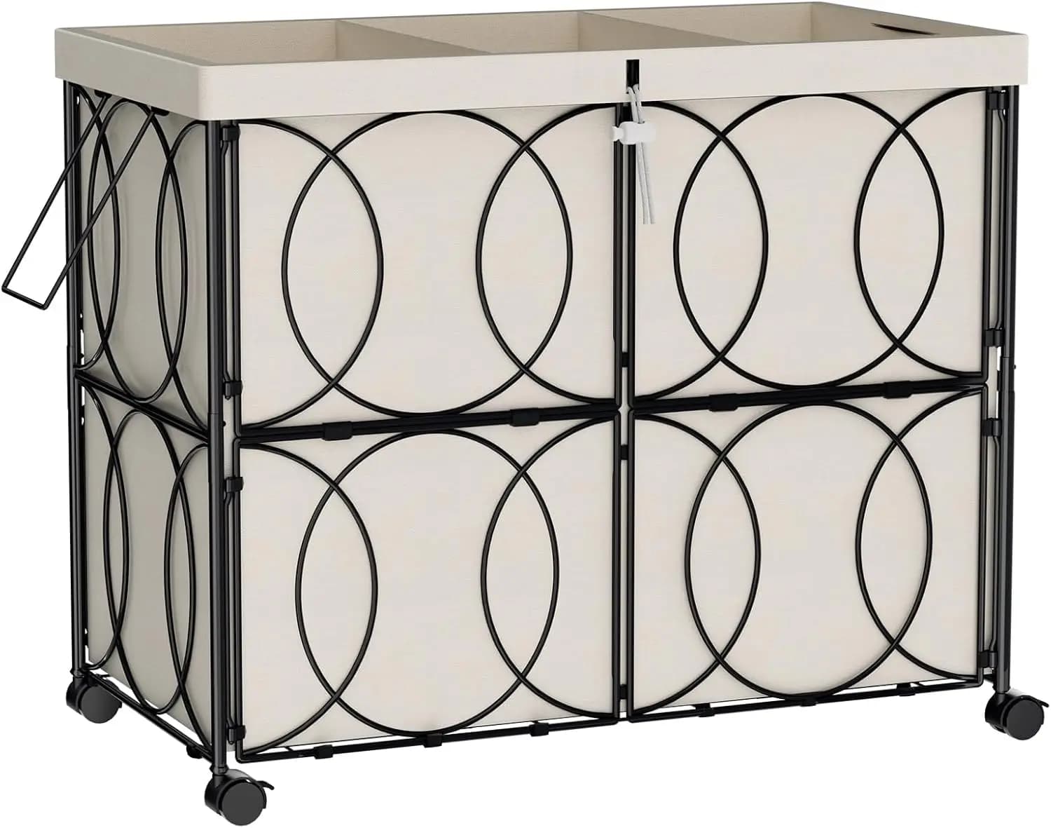 Basket Large 3 compartments with Wheels, Resistant Metal Basket and Stackable Bags for Bedroom or Bath in Beige