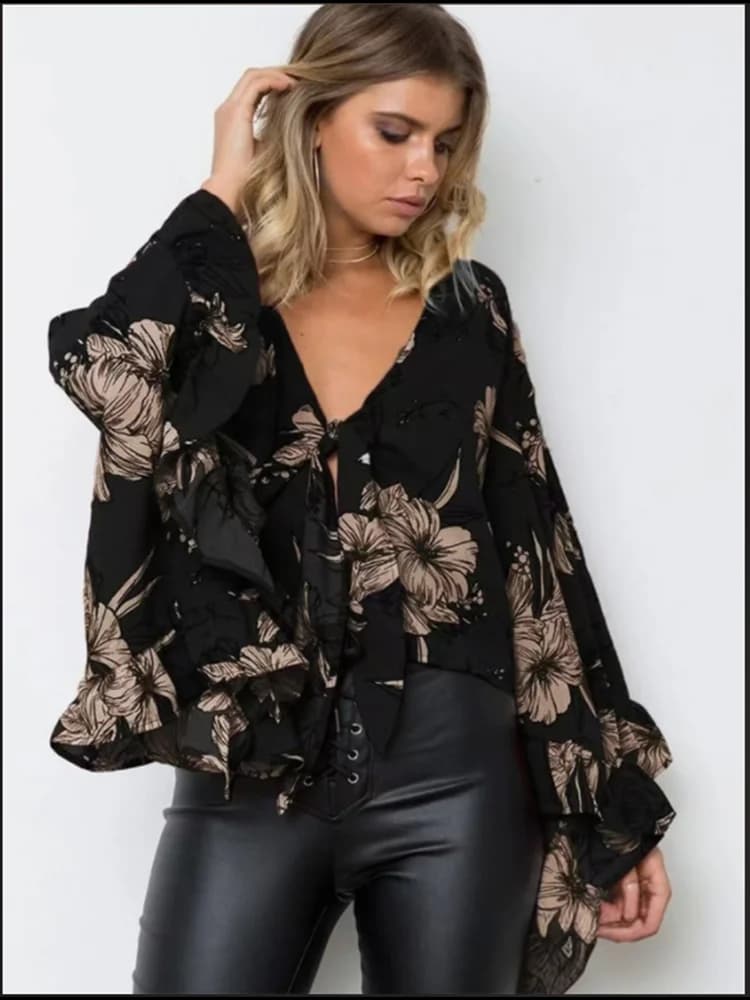 Elegante t-shirt a maniche lunghe da donna con scollo a v nero petalo Top camicetta stampata floreale Casual autunnale