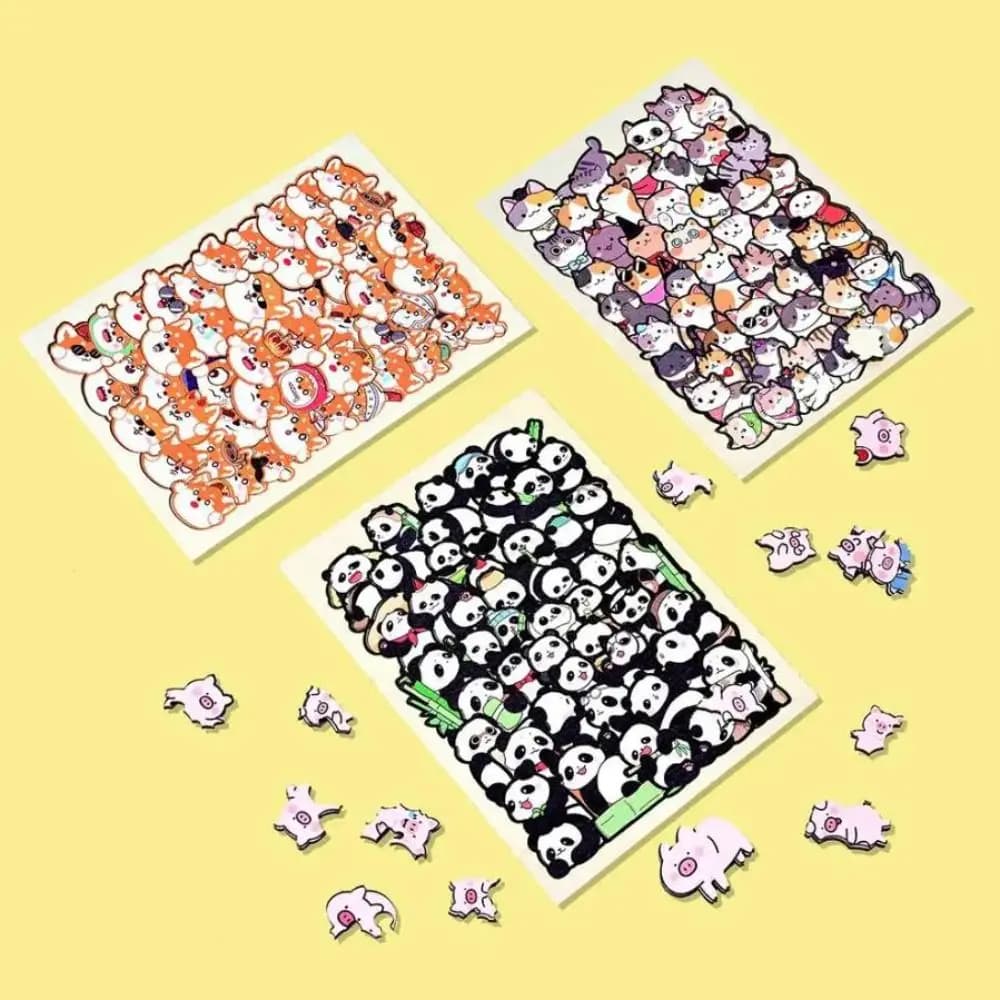 Puzzle di Animali a Forma Irregolare in Legno: Gatto, Panda, Orso, Coccodrillo - Puzzle Educativi a Forma di Cartone Animato