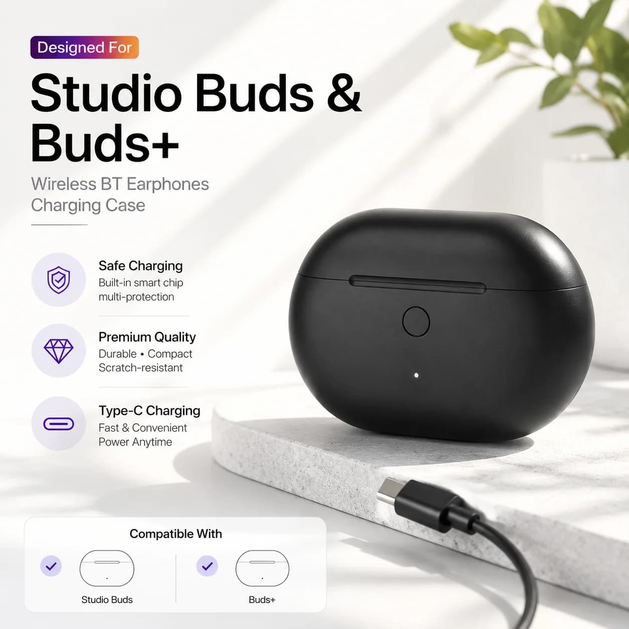 660mah Type-c Portable Wireless Earbuds Charging Case Carrying Box for Beats Studio Buds/Buds+ No Earbuds 1PC Charging Box