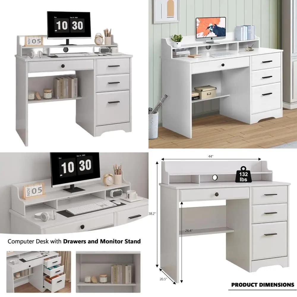 Compact Desk with Storage Space, Document Holders and Monitor Support for Home Office and Studio in Restrooms