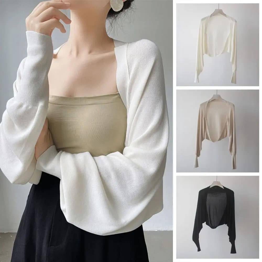 French Summer Thin Knit Shawl Solid Color Wraps Ice Silk Shawl Long Sleeve Casual Sunscreen Coat Female