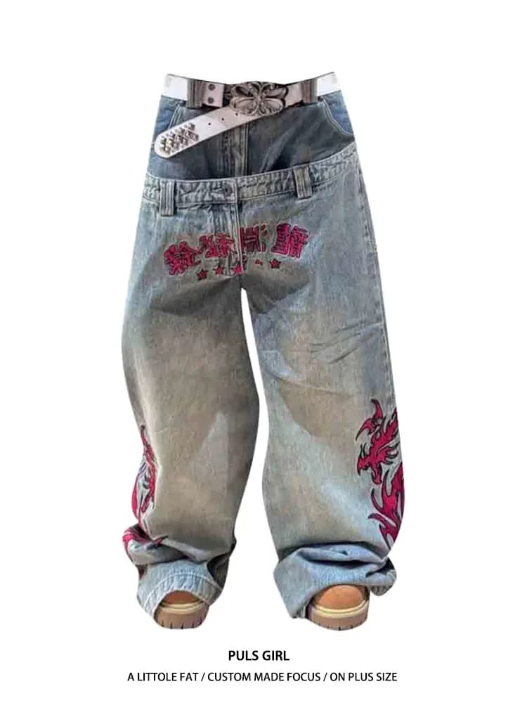Jeans Larghi da Donna Stile Americano Street Style, Ricamati e Lavati, Nuova Collezione 2026, Pantaloni Lunghi fino al Pavimento
