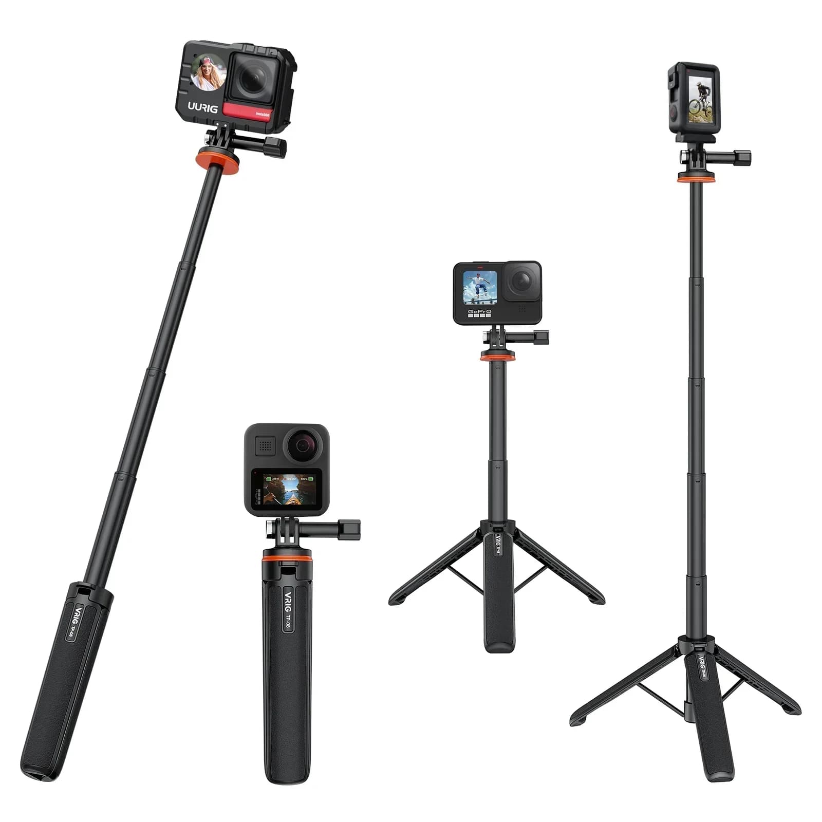VRIG TP-08 Sports Camera Selfie Stick Tripod Stand 51cm Max. Height for GoPro 11/10/9 Vlog Live Streaming Selfie Video Recording