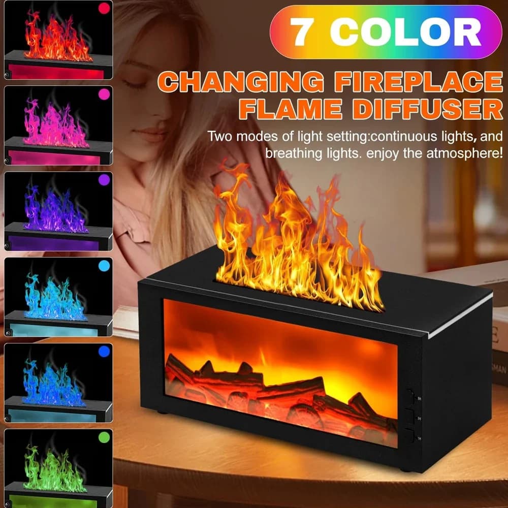 Diffusore di Oli Essenziali ad Ultrasuoni con Umidificatore d'Aria, Luce Notturna a 7 Colori LED, Design a Fiamma, Silenzioso per Uso Domestico