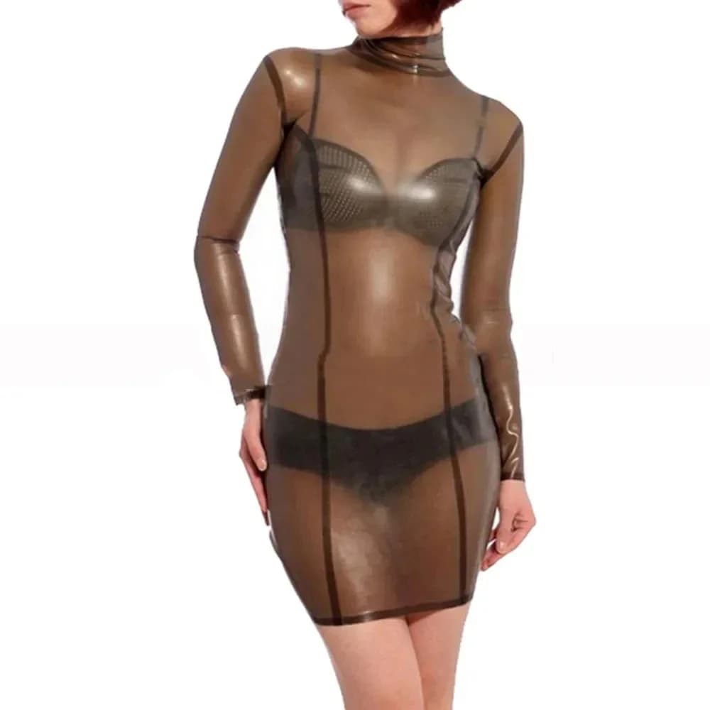 Catsuit in lattice nero trasparente Gomma Gummi Abiti da donna Cerniera posteriore Maniche lunghe Abiti con colletto (include solo il vestito)
