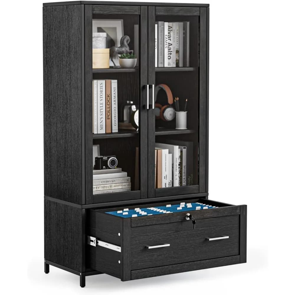 Schedario laterale con ante in vetro e cassetto con chiusura per cartelle sospese, libreria con ripiani regolabili per la casa O
