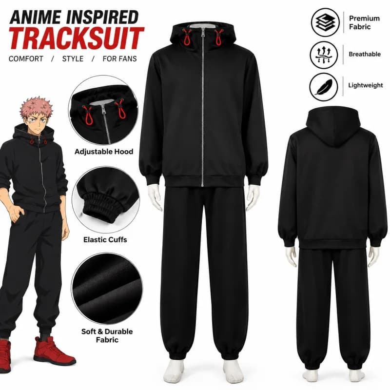 Jujutsu Kaisen Yuji Itadori Cosplay Costume Set with Wig Black Jacket Hoodie Uniform Anime Sportswear Halloween Unisex