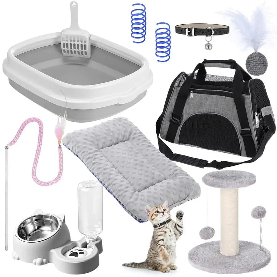 Kit Essenziale per Gattini, 10 Pezzi, per Gatti da Interno, Include Lettiera, Giocattolo per Gatti, Trasportino Pieghevole, Arrampicata