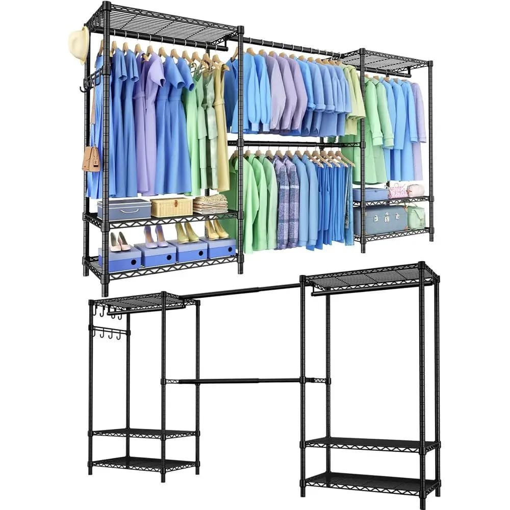Organizzatore per abiti a doppio livello, resistente, 71,5-91 L x 13,8 P x 71 H, con ripiani e asta estensibile, nero