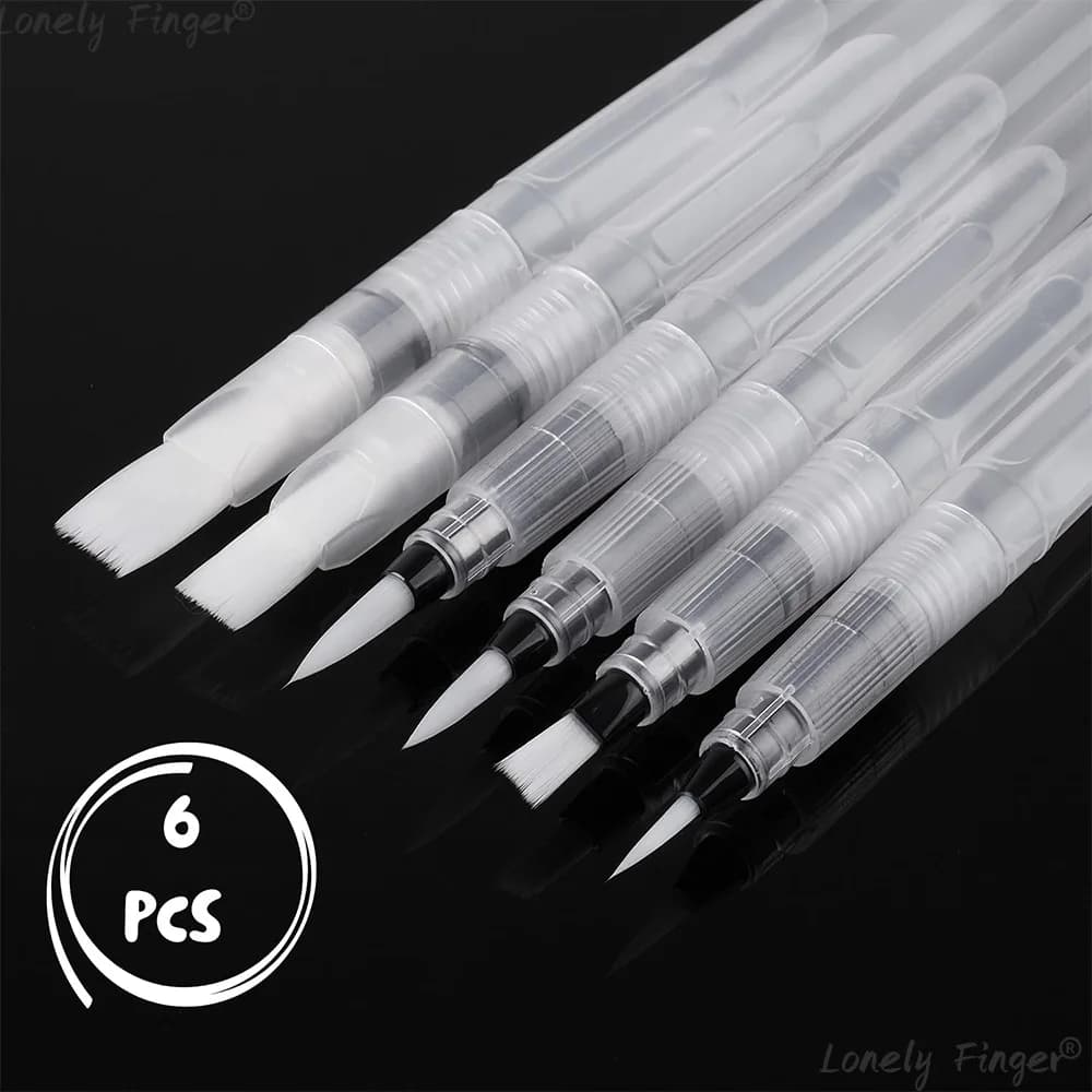Watercolor Brush Pens, 6/12/18 pcs, Pointed & Flat Tips, Nylon Bristles, White, Refillable, Portable Ink/Water Brush