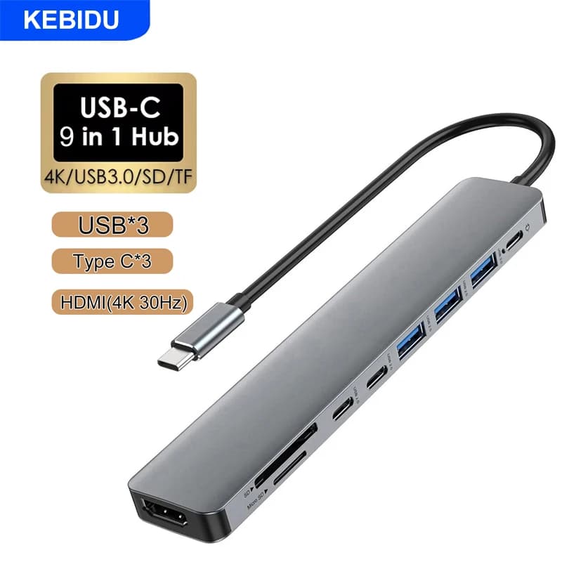 KEBIDU Hub USB 3.0 9 in 1, Docking Station USB-C con Lettore SD/TF, Trasmissione 5Gbps, Adattatore TYPE-C a HDMI 4K, Splitter USB per Laptop