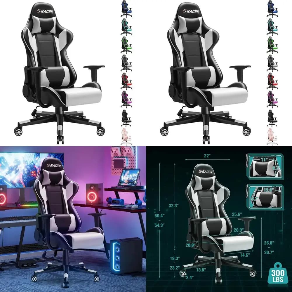Sedia da Gaming Ergonomica in Pelle PU con Rotazione, Altezza Regolabile, Poggiatesta e Supporto Lombare per Ufficio (Bianca)