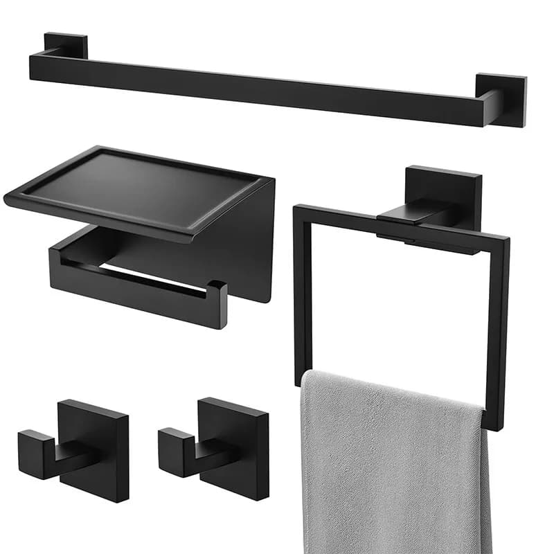 Set da bagno di alta gamma in acciaio inossidabile nero opaco, 5 pezzi: portasciugamani, porta fazzoletti, gancio appendiabiti