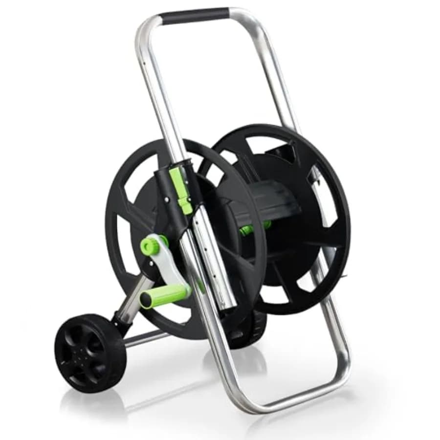 Carrello Avvolgitubo da Giardino Portatile con Ruote, Contiene Tubi da 75-150 Piedi (5/8 Pollici), Corrimano Regolabile, Connettore Rapido, Acciaio Grigio