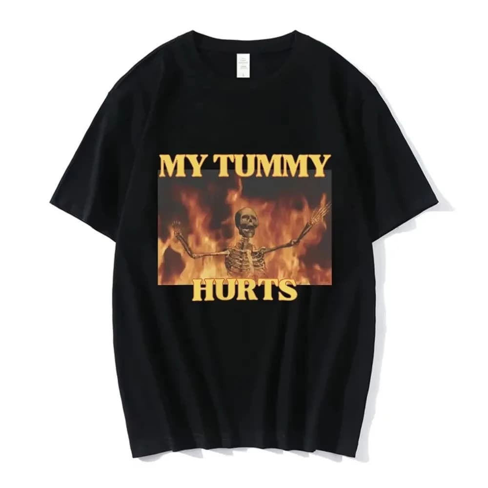 T-shirt Y2K Hip Pop con stampa divertente 'My Tummy Hurts' e scheletro, T-shirt vintage alla moda in cotone comoda e casual, unisex