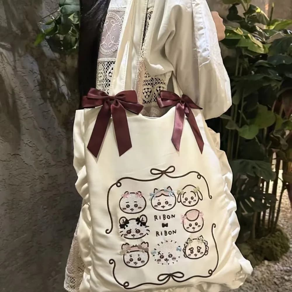 Cute Chiikawa Printed Canvas Tote Bag Large Capacity Single Shoulder Storage for Student Commute Casual Bag Outdoor & School