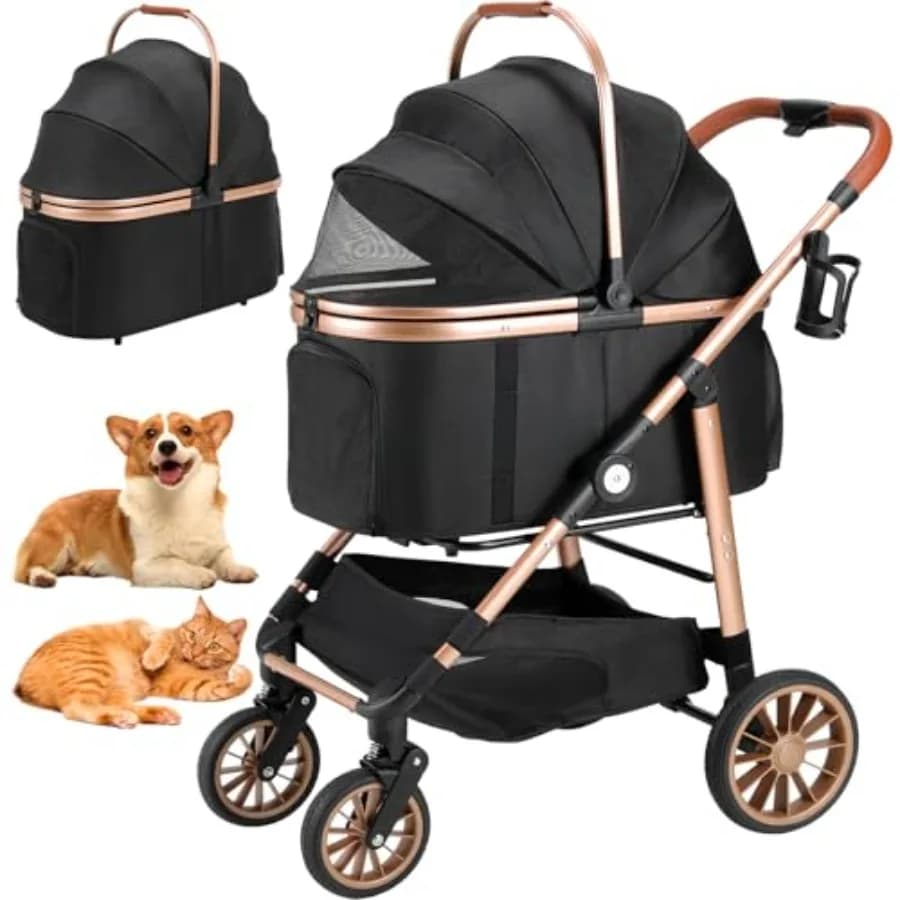 Passeggino per animali domestici per cani e gatti di taglia media fino a 25 kg, ruote in gomma per tutti i terreni, telaio nero con tessuto grigio, convertibile 3 in 1